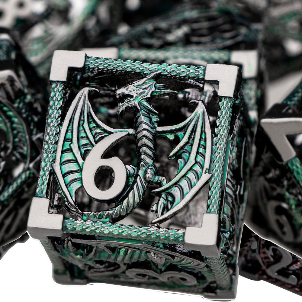ARUOHHA Hollow DND Metal Dice Set Black Green Dragons D and D Dice, RPG Role Playing Games Dungeons Polyhedral Dice with Gift Box D20 D12 D10 D8 D6 D4