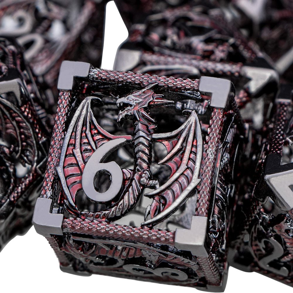 ARUOHHA Hollow DND Metal Dice Set Black Red Dragons D and D Dice, RPG Role Playing Games Dungeons Polyhedral Dice with Gift Box D20 D12 D10 D8 D6 D4