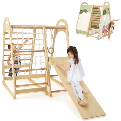 INFANS 7 in 1 Kids Indoor Playground, Wooden Montessori Climber Playset with Tent Slide Climbing Rock Climbing Net, Playground Jungle Gym Structure Climbing Toys for Toddlers Boys Girls