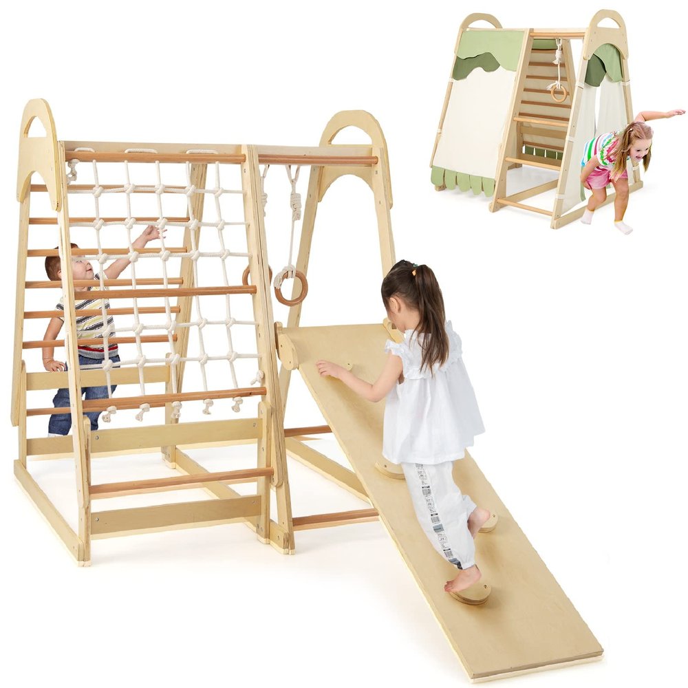 INFANS 7 in 1 Kids Indoor Playground, Wooden Montessori Climber Playset with Tent Slide Climbing Rock Climbing Net, Playground Jungle Gym Structure Climbing Toys for Toddlers Boys Girls