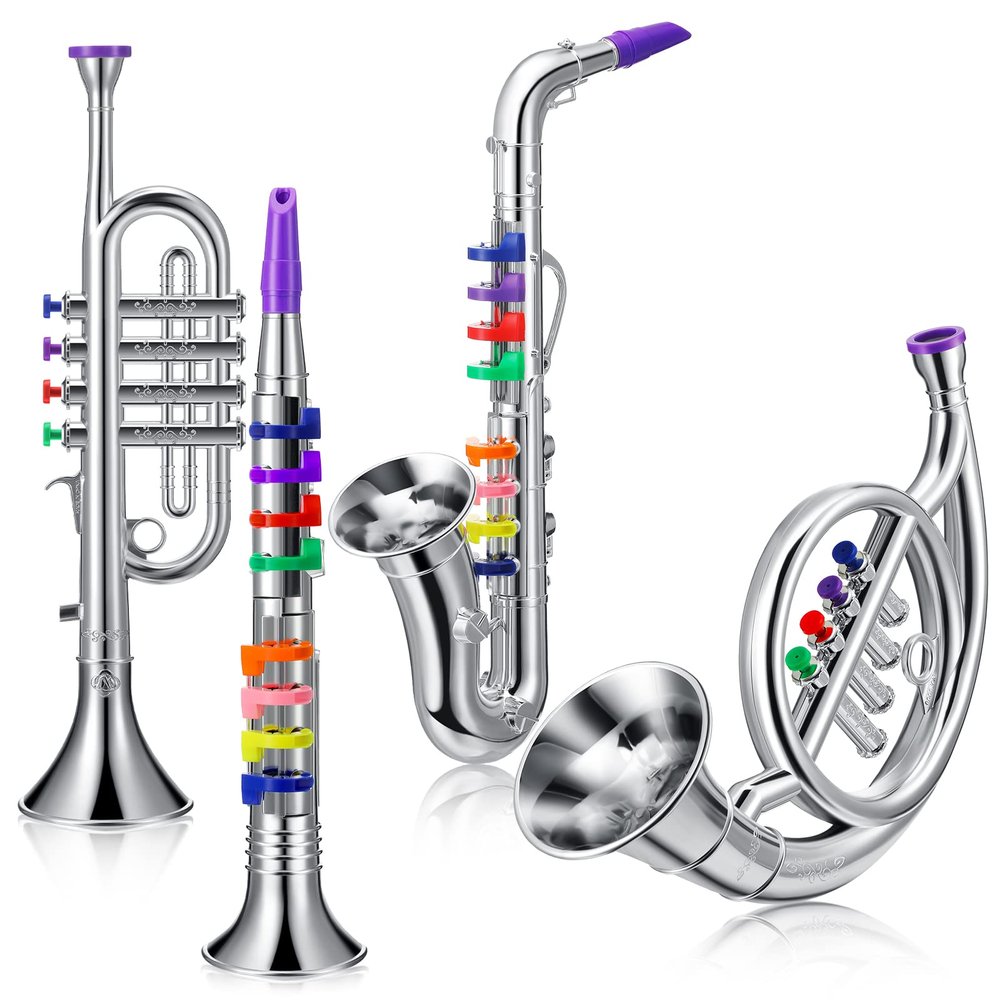 Treela Set of 4 Musical Instruments for Kids, Toy Clarinet Saxophone Trumpet and Horn Set for Beginners with over 10 Color Coded Keys, Christmas Educational Musical Gifts for Children Toddlers(Silver)