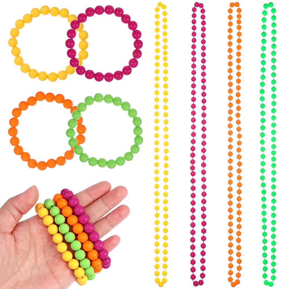 Amosfun Neon Bead Necklace Bracelet Jewelry Set Multicolor Mardi Gras Easter Party Supply Costume Accessory 80s 90s Party Favors 8 Pack
