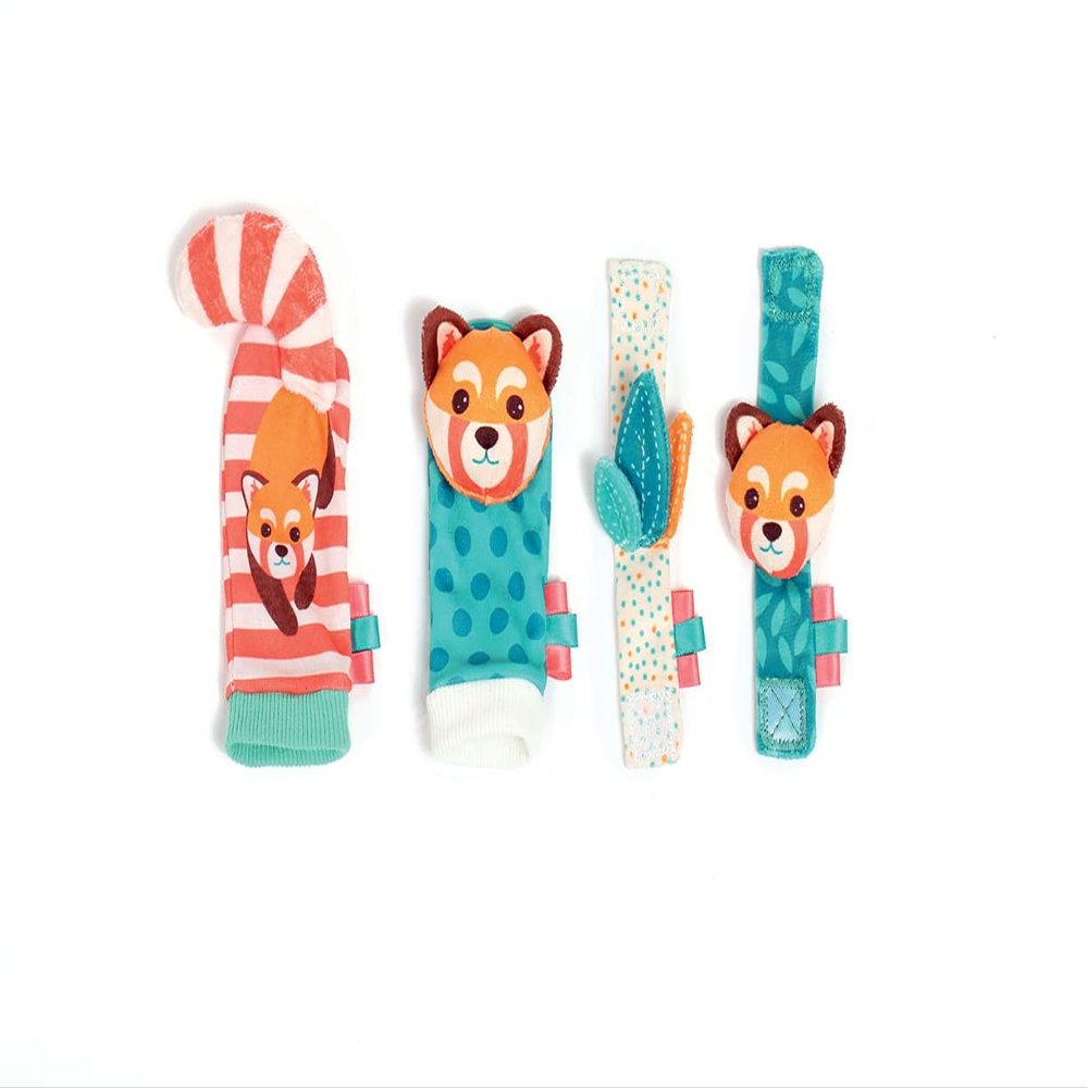 Ludi - Hand & Foot Rattles, Baby Awakening Toys from Birth Develop Fine Motor Skills & Dexterity 2 Socks + 2 Adjustable Animal Head Bracelets