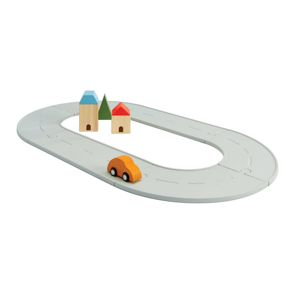 PlanToys Rubber Road & Rail Set Small Wooden Montessori Play Set | Imagination, Problem Solving and Early Movement Exploration | Eco Friendly Road and Rail Set for Meaningful Play