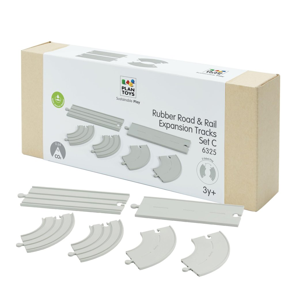 PlanToys Rubber Road & Rail Expansion Tracks Set C Montessori Play Accessory | Imagination, Problem Solving and Creative World Building | Eco Friendly Track Set