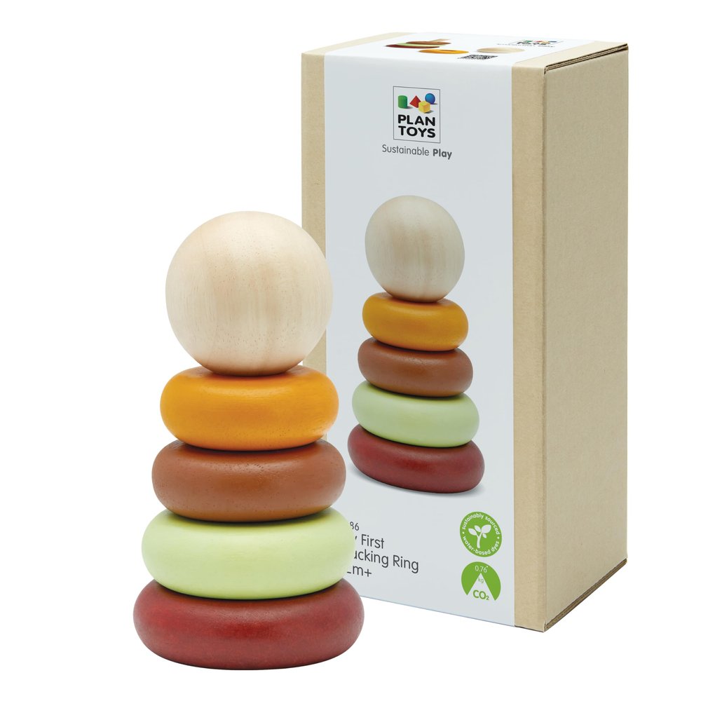 PlanToys My First Stacking Toy Wooden Rings in Modern Rustic Shades | Montessori Fine-Motor Development Toy for Focus, Coordination & Early Learning | Eco-Friendly Educational Toy