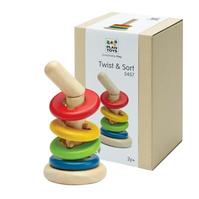 PlanToys Twist & Sort Wooden Stacking Toy for Toddlers | Montessori Fine Motor Toy with Twistable Rod & Colorful Rings | Eco-Friendly Educational Puzzle for Kids Ages 2+