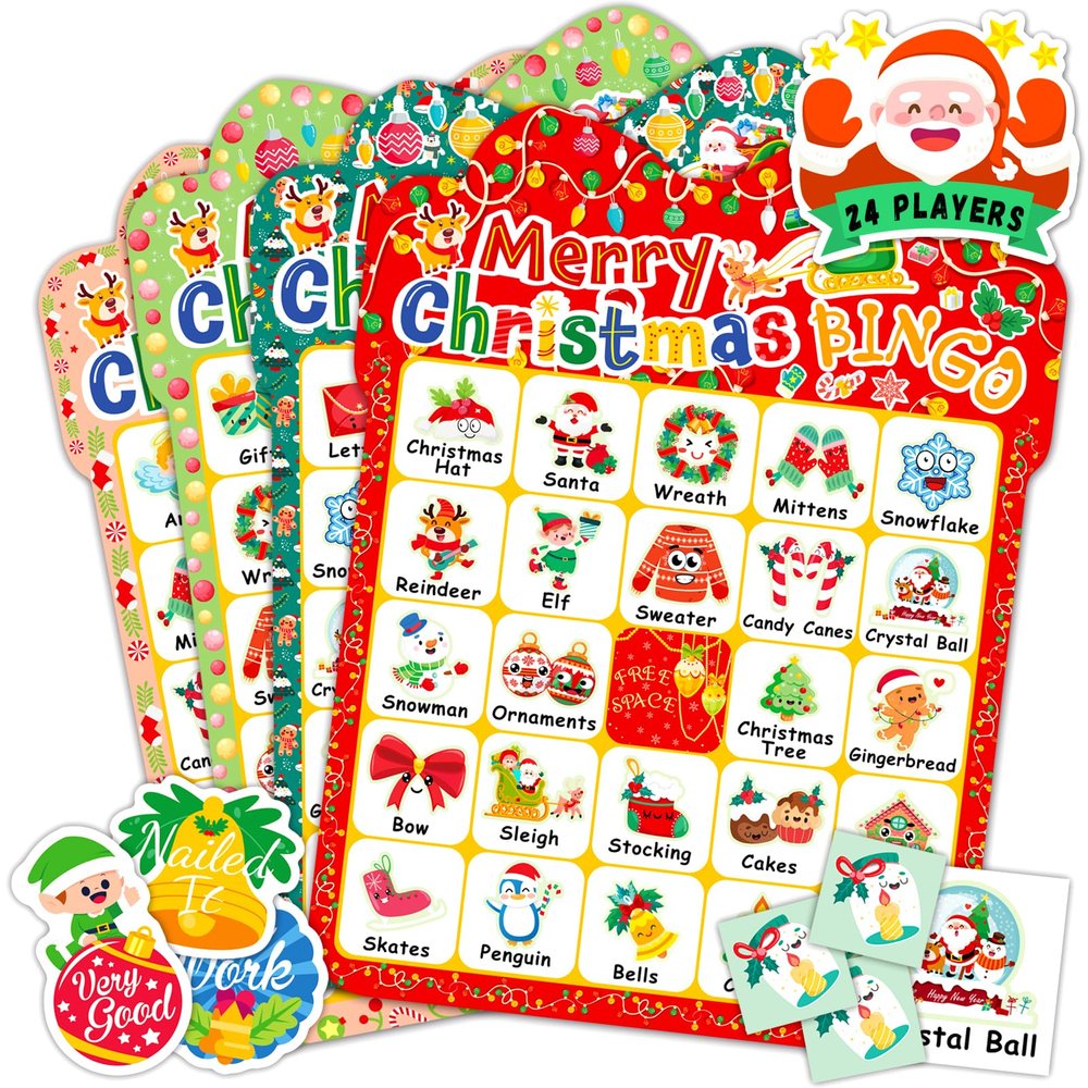 YTSQLER Christmas Bingo Game for Kids 24 Players, Christmas Bingo Cards Holiday Party Games for Family School Classroom Winter Party Supplies Favors Gifts