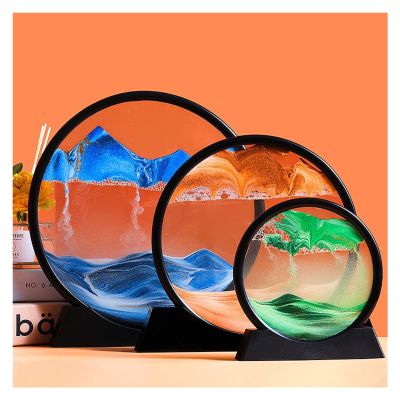 Meiiron 7"/12"/14" Movable Sand Art, Dynamic Moving Sand Art Decoration, 3D Mountains, Valleys, Round Glass Desktop, Home Office, Large Desktop Decorations for Adults (Color : Black, Size : 14")