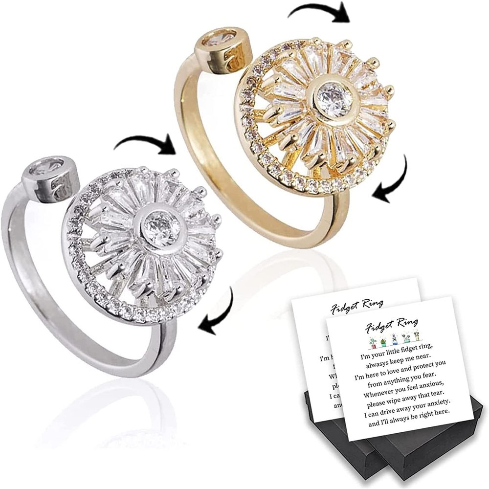 Asnewa Spinner Ring for Anxiety Relief, Gold Crystal, Adjustable Fidget Ring, 2pcs