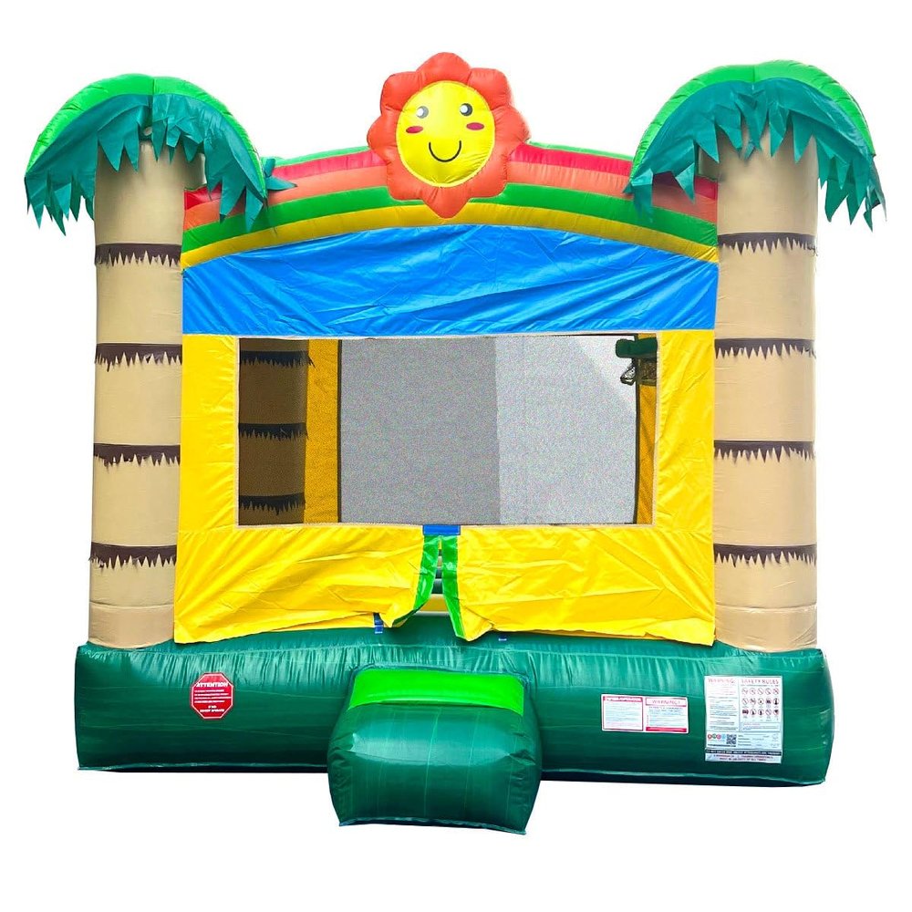 Crossover Tropical Smiley Face Inflatable Bounce House for Kids and Toddlers, 13 x 12 x 14.5 Foot Bouncy Jump Castle, Commercial-Grade Vinyl, with Blower, Stakes and Storage Bag