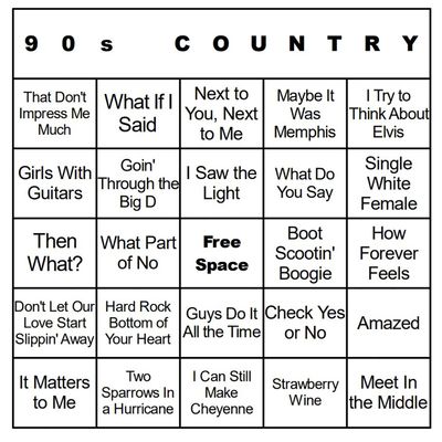 Bangin' Meats CardTunz 100 Music Bingo Cards Printed and Laminated Many Music Types Available (90s Country)