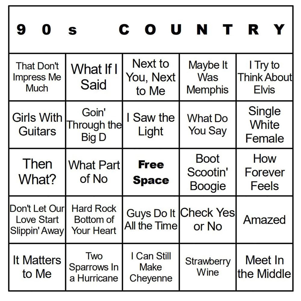Bangin' Meats CardTunz 100 Music Bingo Cards Printed and Laminated Many Music Types Available (90s Country)