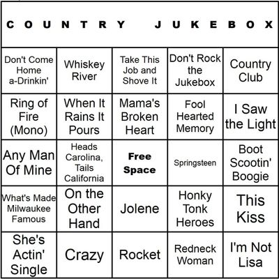 Bangin' Meats CardTunz 100 Music Bingo Cards Printed and Laminated Many Music Types Available (Country Jukebox)