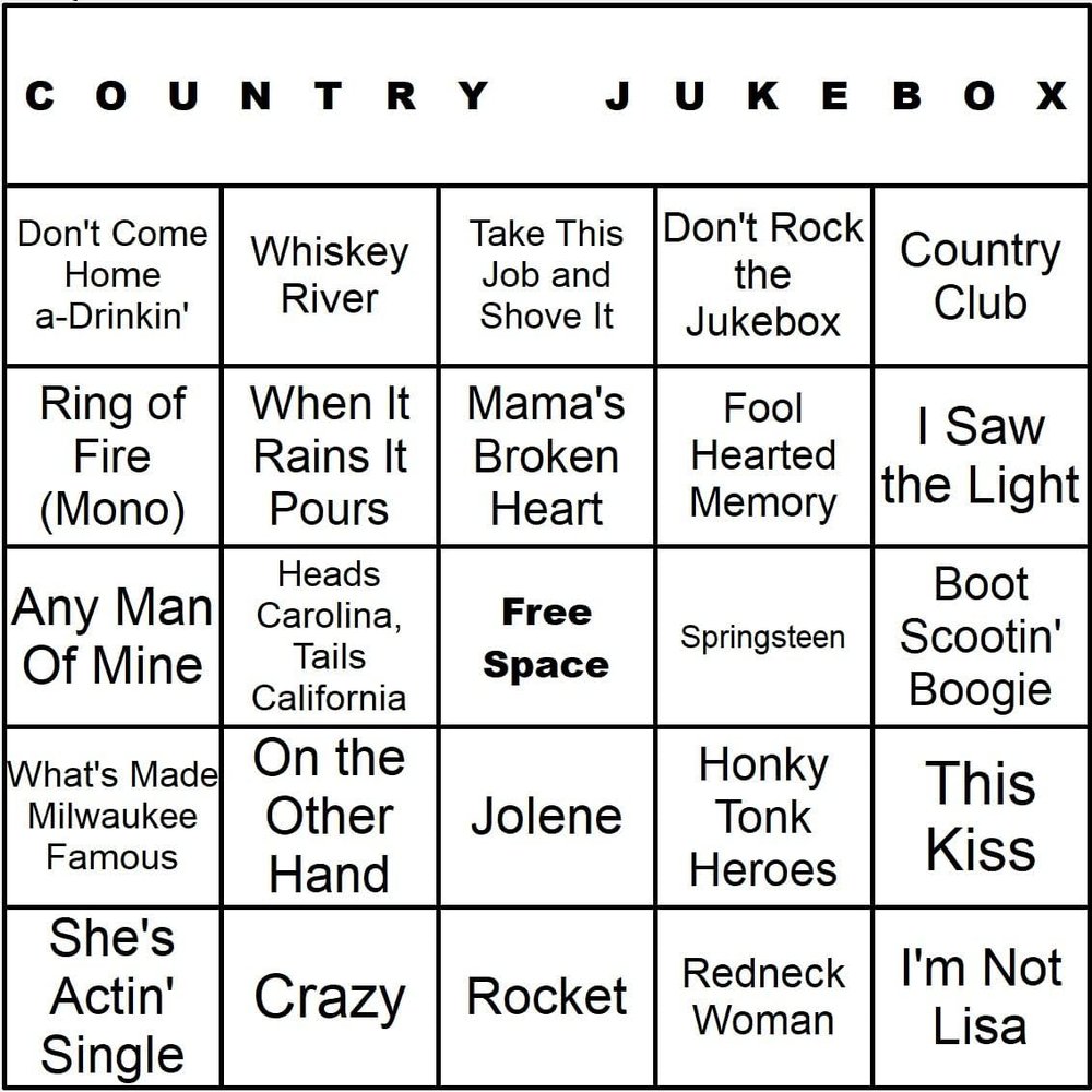 Bangin' Meats CardTunz 100 Music Bingo Cards Printed and Laminated Many Music Types Available (Country Jukebox)