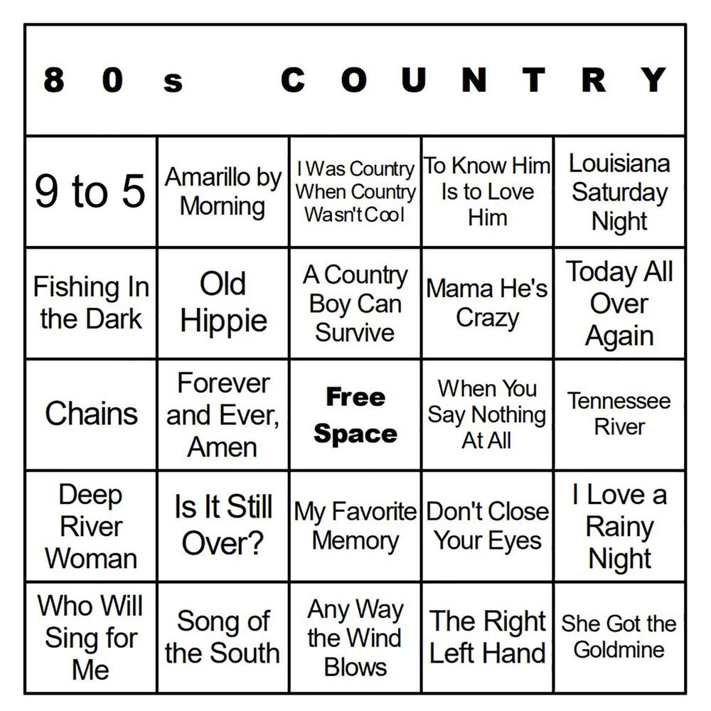 Bangin' Meats CardTunz 100 Music Bingo Cards Printed and Laminated Many Music Types Available (80s Country)