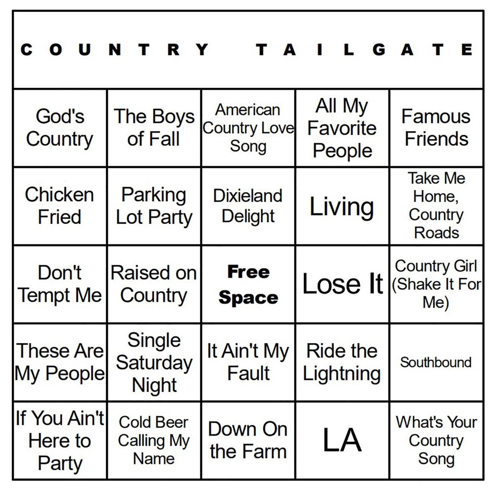 Bangin' Meats CardTunz 100 Music Bingo Cards Printed and Laminated Many Music Types Available (Country Tailgate)