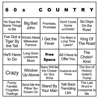 Bangin' Meats CardTunz 100 Music Bingo Cards Printed and Laminated Many Music Types Available (60s Country)