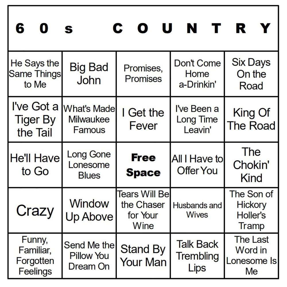 Bangin' Meats CardTunz 100 Music Bingo Cards Printed and Laminated Many Music Types Available (60s Country)