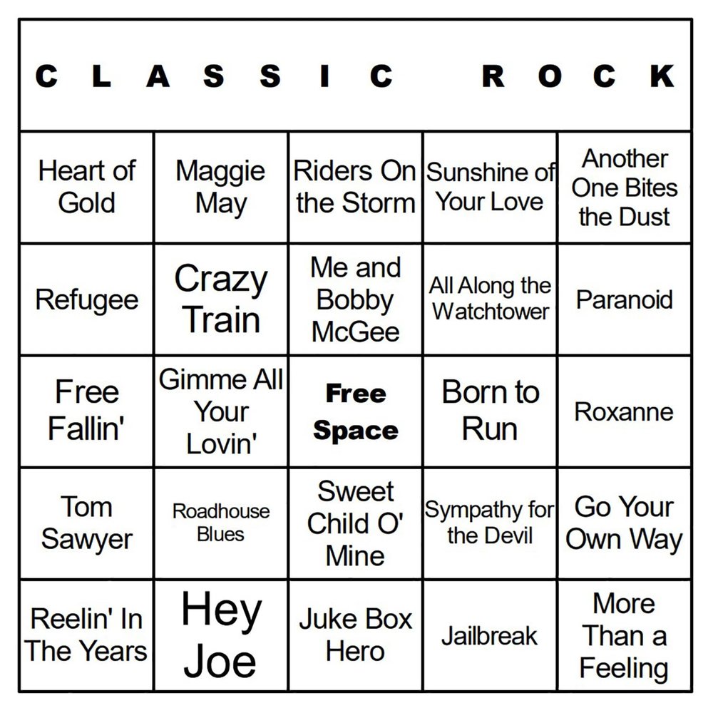 Bangin' Meats CardTunz 100 Music Bingo Cards Printed and Laminated Many Music Types Available (Classic Rock)