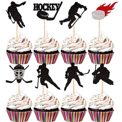 24 PCS Hockey Cupcake Toppers Black Glitter Hockey Players Cupcake Picks Ice Hockey Sports Theme Baby Shower Kids Boys Girls Birthday Party Cake Decorations Supplies Black