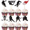 24 PCS Hockey Cupcake Toppers Black Glitter Hockey Players Cupcake Picks Ice Hockey Sports Theme Baby Shower Kids Boys Girls Birthday Party Cake Decorations Supplies Black view 1