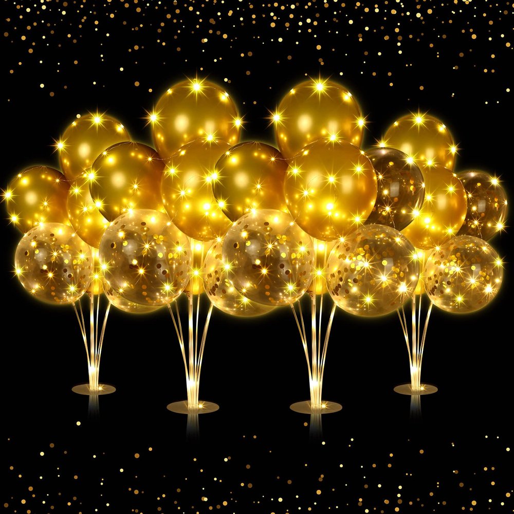 4 Set Table Balloon Stand Kit with Lights Balloons Holders Centerpieces for Table Light up Tabletop Centerpieces for New Year Eve Valentine's Day Birthday Baby Shower Wedding(Gold)