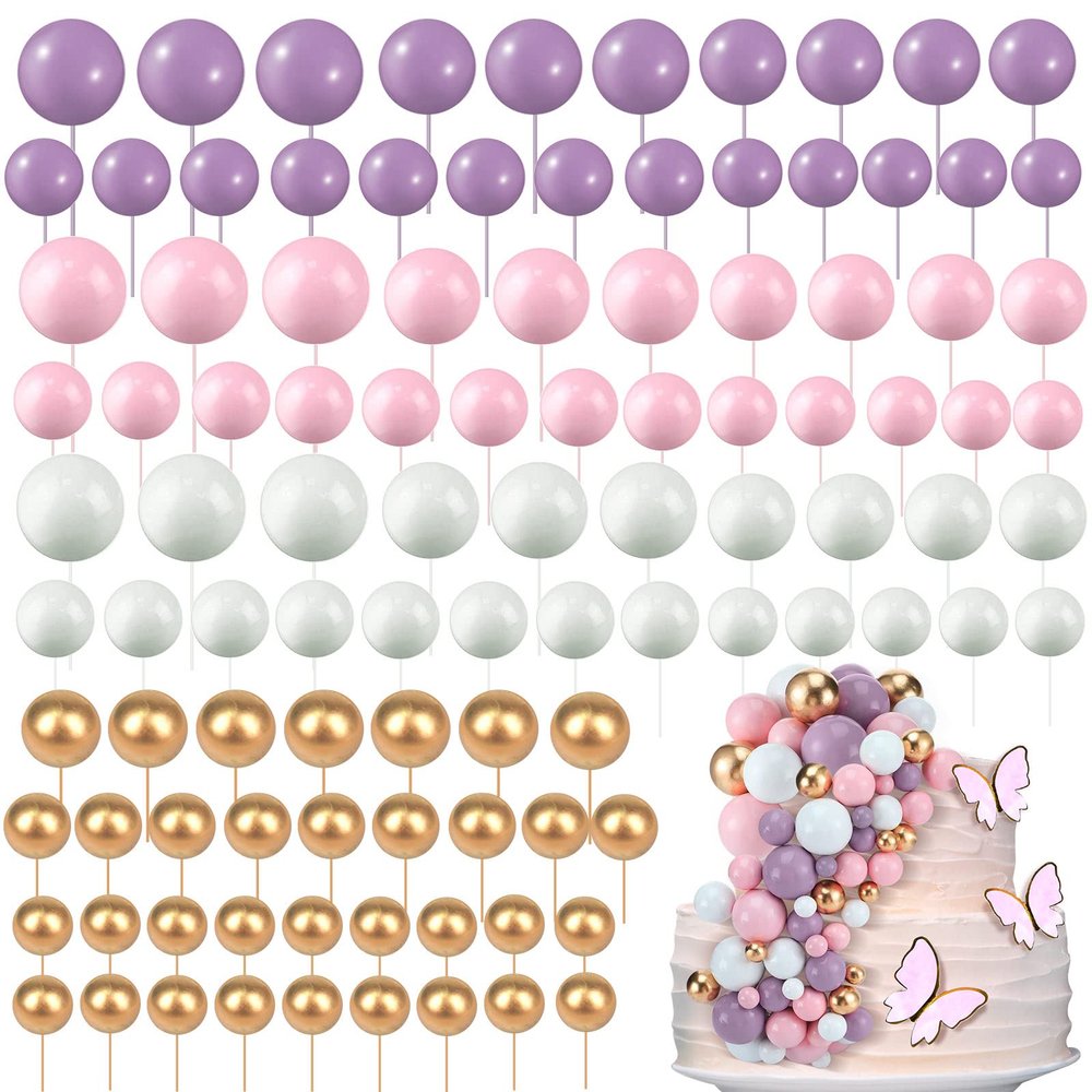 108 Pcs Balls Cake Topper DIY Cupcake Insert Foam Balloons for Cake Baking Wedding Anniversary Birthday Decoration(Pink, Purple, White, Gold,Multi Sizes)