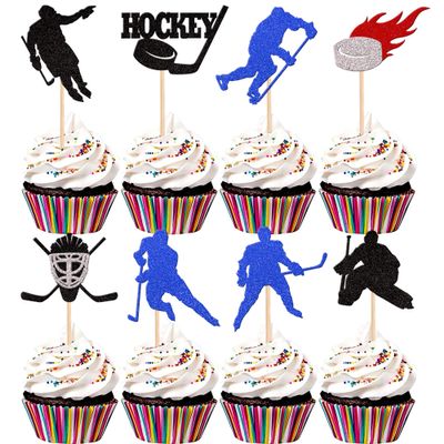 24 PCS Hockey Cupcake Toppers - Colorful Glitter Players Picks for Ice Hockey Cake Decorations - Sports Theme Baby Shower, Kids, Boys, Girls Birthday Party Supplies