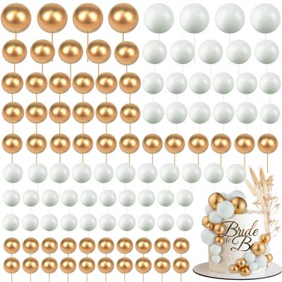 108 Pcs Balls Cake Topper DIY Cupcake Insert Foam Balloons for Cake Baking Wedding Anniversary Birthday Decoration(White, Gold,Multi Sizes)