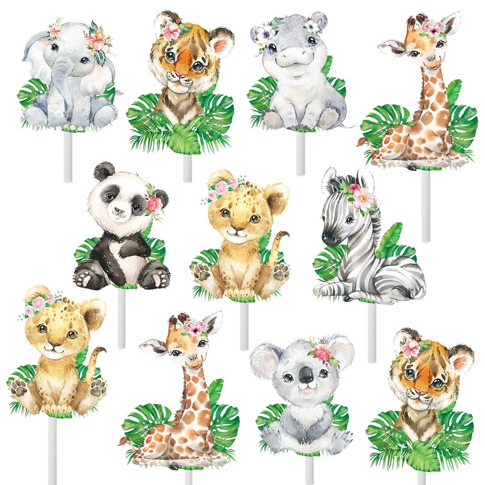 48pcs Wild One Animal Cupcake Toppers - Jungle Safari & Party Decoration for Safari Animal Theme Birthday Party & Baby Shower Supplies