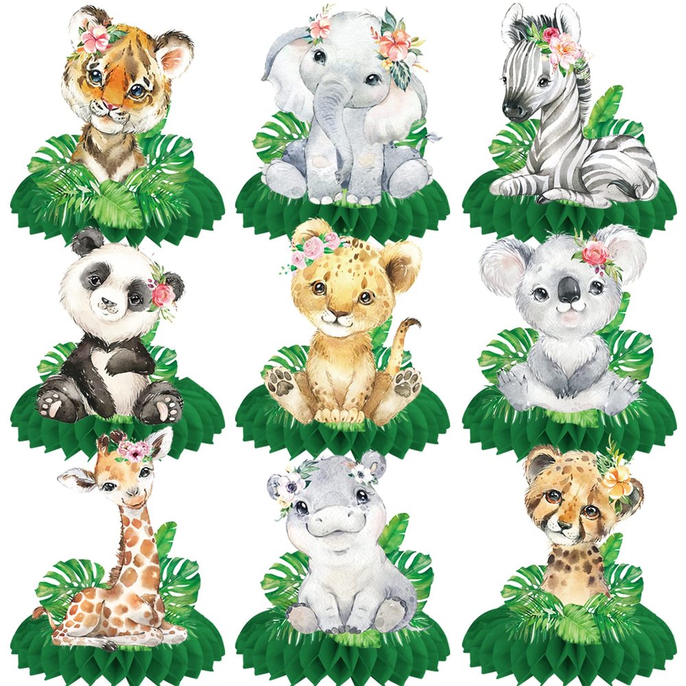 10Pcs Safari Jungle Animal Honeycomb Centerpieces Safari Baby Shower Decorations Jungle Safari Table Centerpieces Decorations for Safari Animal Theme Wild One Party Supplies