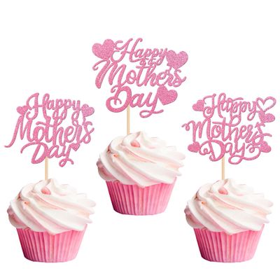 Rsstarxi 30 Pack Happy Mother's Day Cupcake Toppers Glitter Heart Mother Birthday Cupcake Picks Happy Mother's Day Cake Decortions for Best Mom Eve Mother's Day Birthday Party Supplies Pink