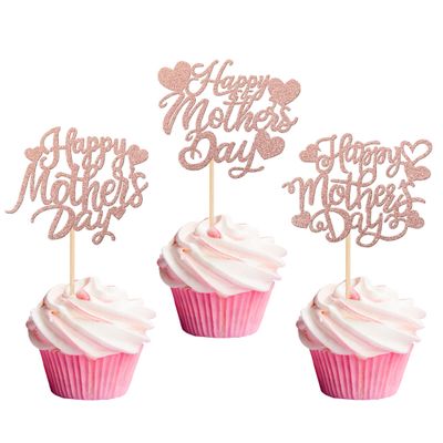 Rsstarxi 30 Pack Happy Mother's Day Cupcake Toppers Glitter Heart Best Mom Ever Sweet Love Mother Cupcake Picks for Happy Mother's Day Birthday Party Cake Decortions Rose Gold