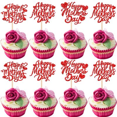 Rsstarxi 30 Pack Happy Mother's Day Cupcake Toppers Red Glitter Best Mom Ever Sweet Heart Mother's Day Cupcake Picks for Happy Mother's Day Birthday Party Cake Decortions