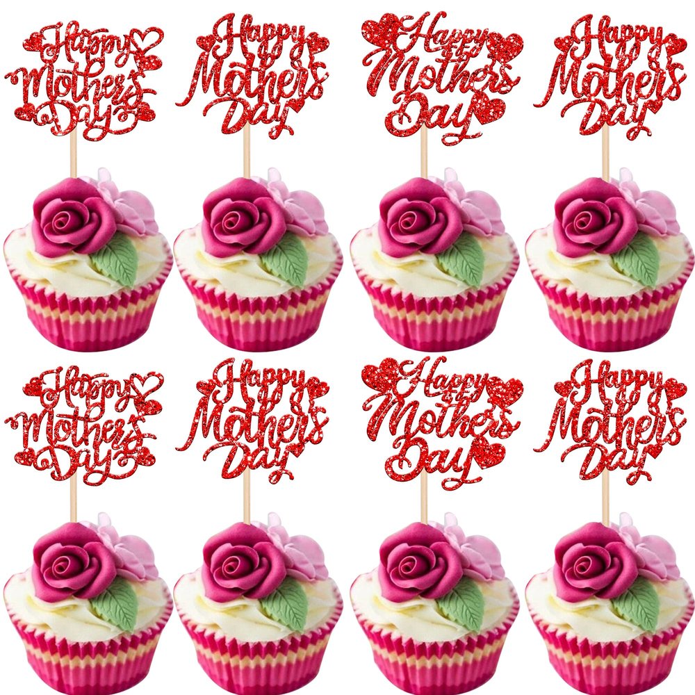 Rsstarxi 30 Pack Happy Mother's Day Cupcake Toppers Red Glitter Best Mom Ever Sweet Heart Mother's Day Cupcake Picks for Happy Mother's Day Birthday Party Cake Decortions