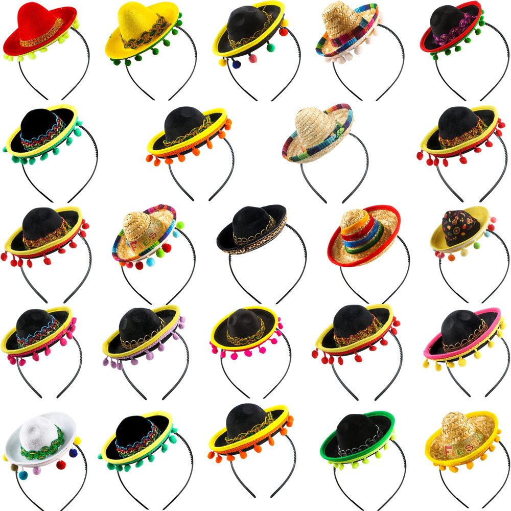 Sonarun 24 Pack Cinco De Mayo Fiesta Headband Mexican Sombrero Headbands for Kids Adult Mexican Theme Birthday Party Decorations Photo Props Party Favors