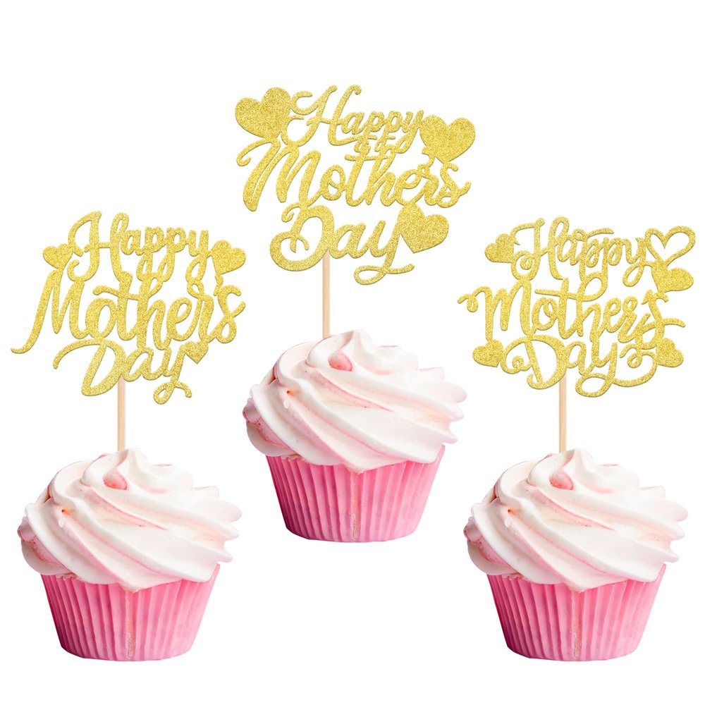 Rsstarxi 30 Pack Gold Glitter Happy Mother's Day Cupcake Toppers Sweet Heart Best Mom Ever Love Mother Cupcake Picks Happy Mother's Day Birthday Party Cake Decortions Supplies