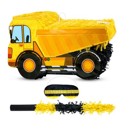Birchio Small Dump Truck Pinata Bundle with a Blindfold and Bat(16 x 9 x 6.5 Inches), Kids Excavator Pinata for Construction Birthday Parties, Boys Birthday Party Supplies
