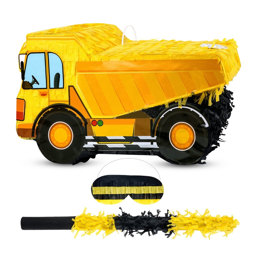 Birchio Small Dump Truck Pinata Bundle with a Blindfold and Bat(16 x 9 x 6.5 Inches), Kids Excavator Pinata for Construction Birthday Parties, Boys Birthday Party Supplies