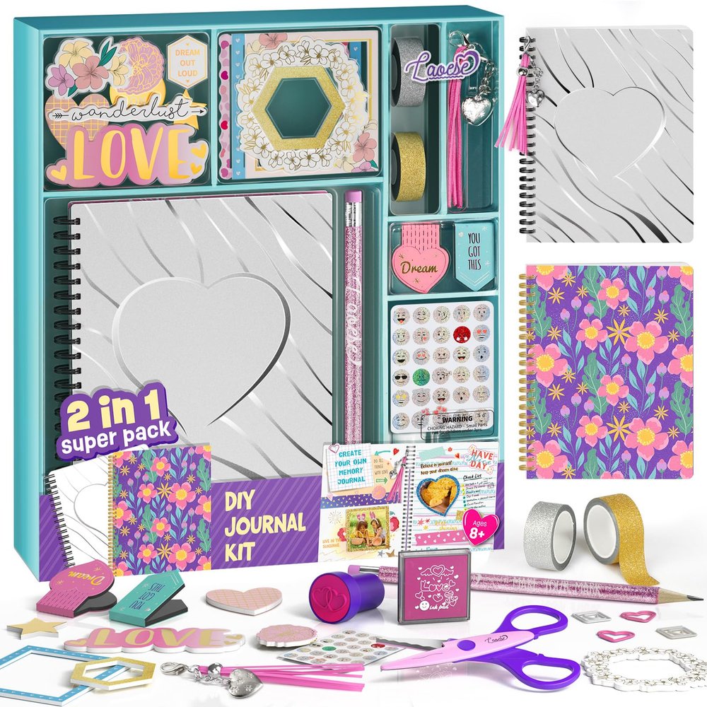 LAOESE 2-Pack DIY Journal Kit for Girls -Christmas Birthday Gifts for Girls 8 9 10 11 12 13 14 Years Old - Arts & Crafts for Teens Trendy Stuff - Scrapbook & Diary Supplies Toys Set