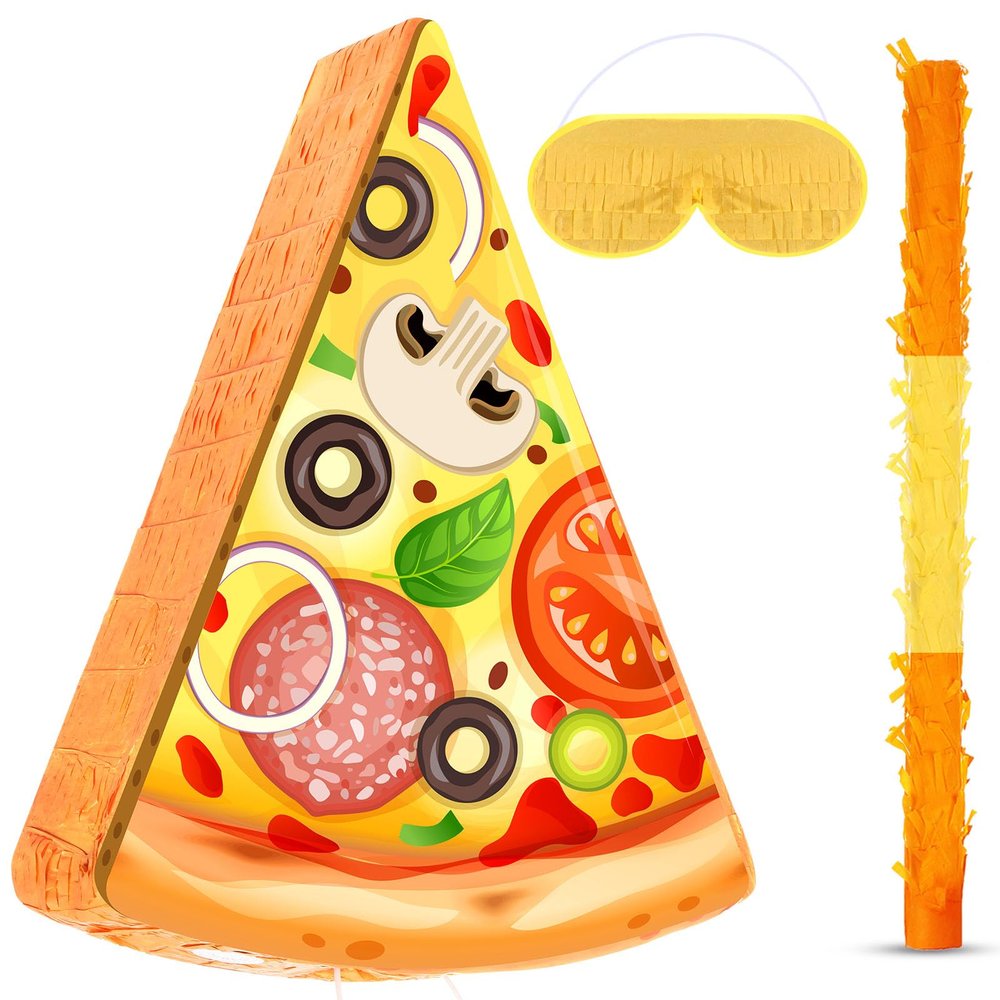 Harrycle Pizza Piata with Stick and Blindfold - Pizza Shower Theme Decorations for Kids Summer Food Themed Birthday Mexican Party Supplies, 16.1 x 13 x 3.2 inches