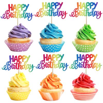 YCTHUNFISH 24 Pack Happy Birthday & Baby Shower Multi-colored Glitter Cupcake Toppers