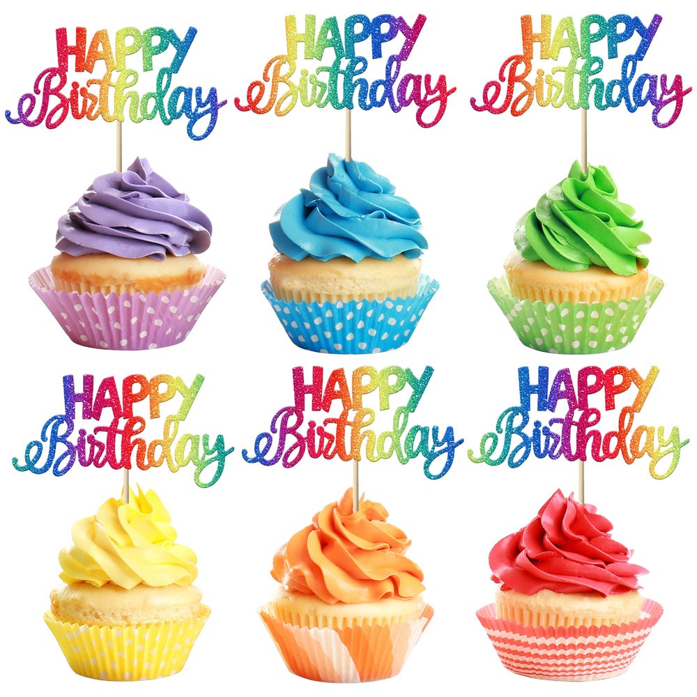 YCTHUNFISH 24 Pack Happy Birthday & Baby Shower Multi-colored Glitter Cupcake Toppers
