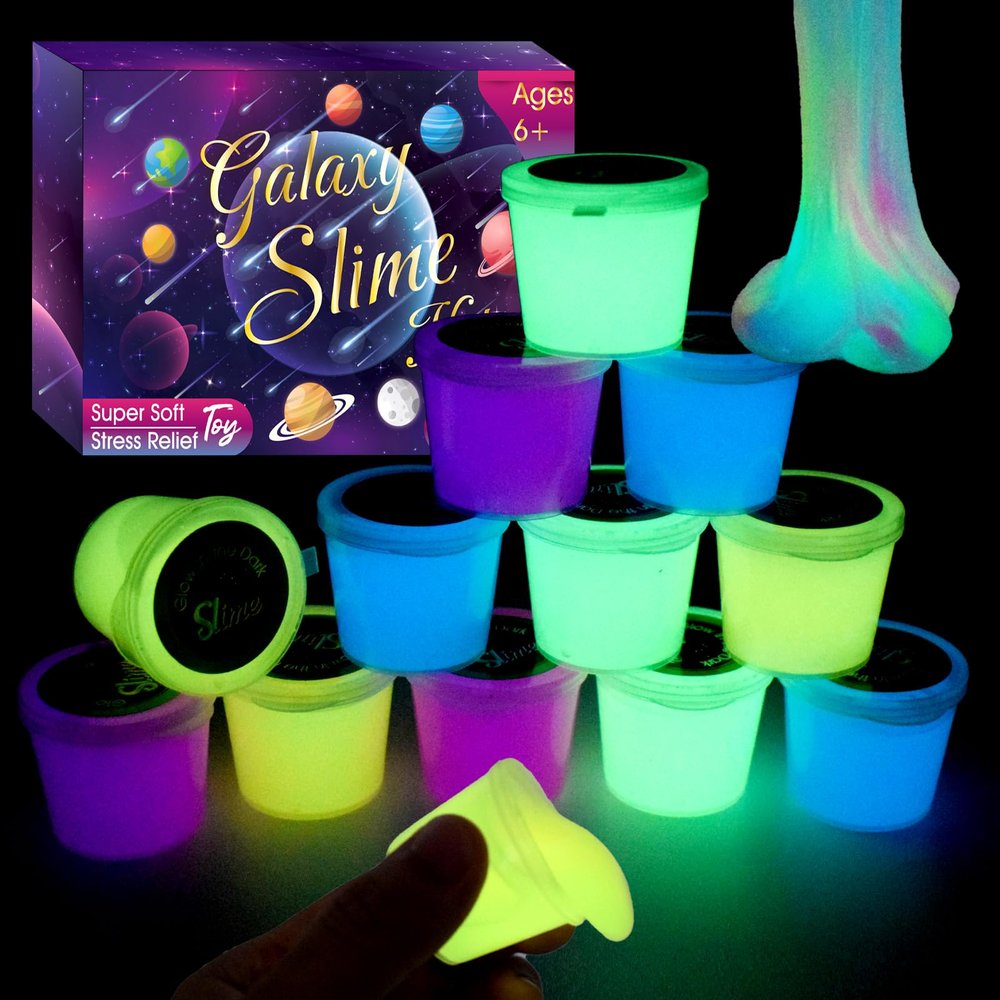 12 Pack Galaxy Slime Kit Glow in The Dark Set, Party Favors for Girls Boys, DIY Putty Stress Relief Toy for Goodie Bags Stuffers Christmas Easter Toys