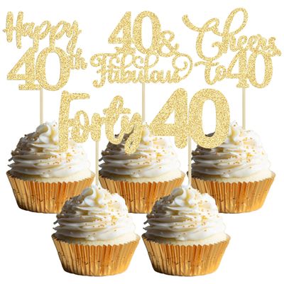 30 Pack Happy 40th Birthday Cupcake Toppers Gold Glitter Forty Cheers to 40 Years Old Birthday Cupcake Picks for Happy 40th Anniversary Party Cake Decorations