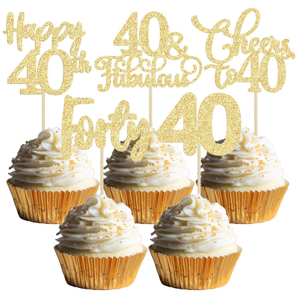 30 Pack Happy 40th Birthday Cupcake Toppers Gold Glitter Forty Cheers to 40 Years Old Birthday Cupcake Picks for Happy 40th Anniversary Party Cake Decorations