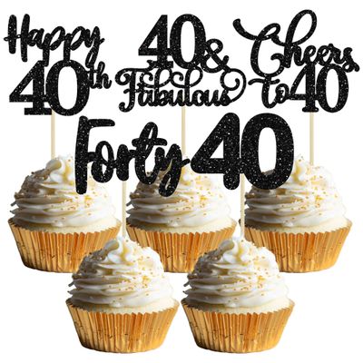 30 Pack Happy 40th Birthday Cupcake Toppers - Black Glitter Forty Cheers to 40 Years Old Cupcake Picks for Anniversary Party Cake Decorations