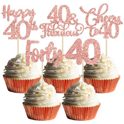 30 Pack Happy 40th Birthday Cupcake Toppers - Rose Gold Glitter Forty Cheers to 40 Years Old Birthday Cupcake Picks for Anniversary Party Cake Decorations