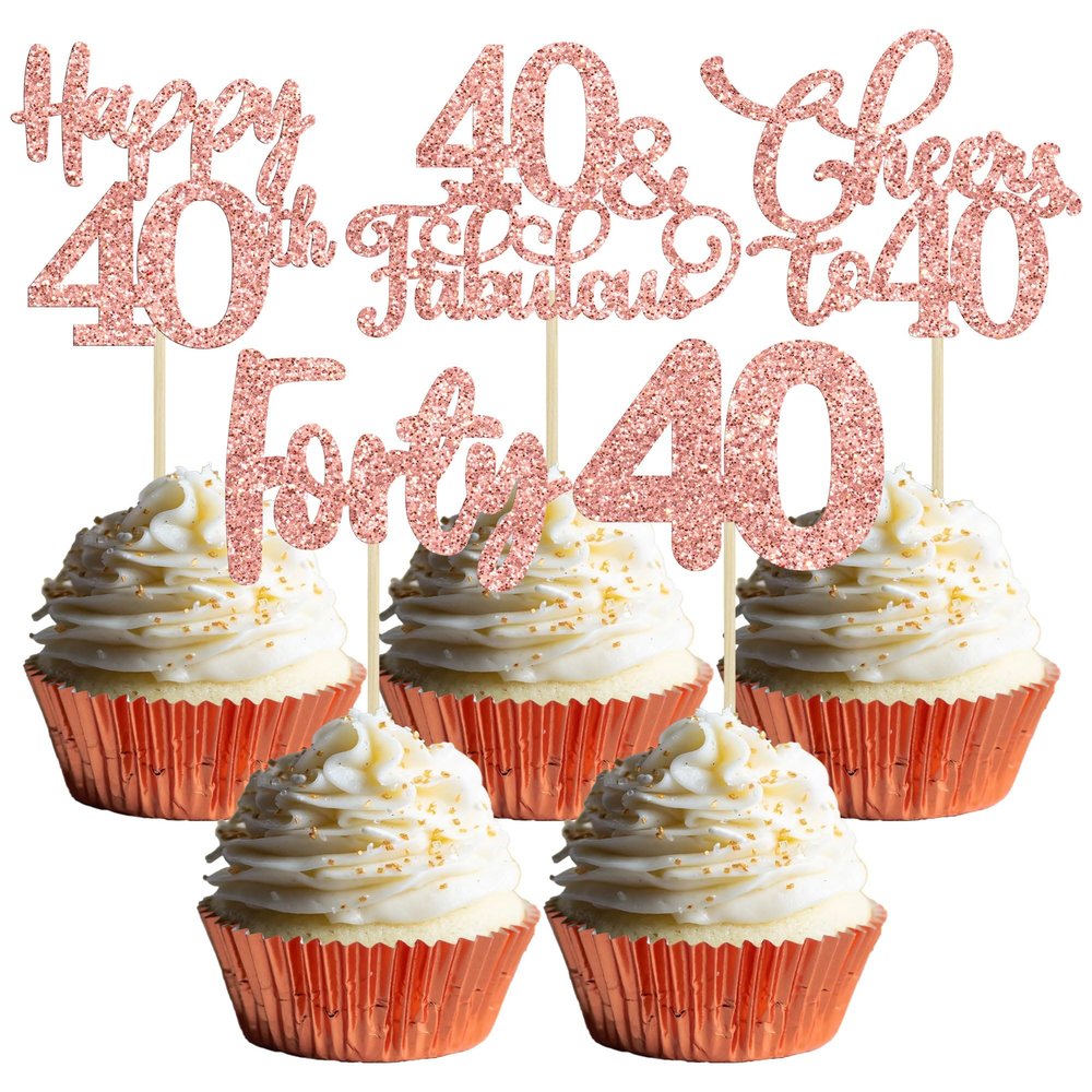 30 Pack Happy 40th Birthday Cupcake Toppers - Rose Gold Glitter Forty Cheers to 40 Years Old Birthday Cupcake Picks for Anniversary Party Cake Decorations